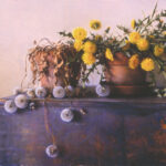 A still life by a Duluth MN artist showcases two pots with yellow dandelions on a dark wooden surface. One pot holds fresh blooms, while the other contains withered plants. Fluffy dandelion seeds are scattered around, set against a muted, light background.