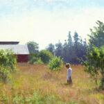 A Duluth MN artist captures a serene scene where a person stands in a grassy field surrounded by small trees and bushes under a clear sky. A red barn with a white roof is partially visible in the background, all depicted in a soft, impressionistic style.