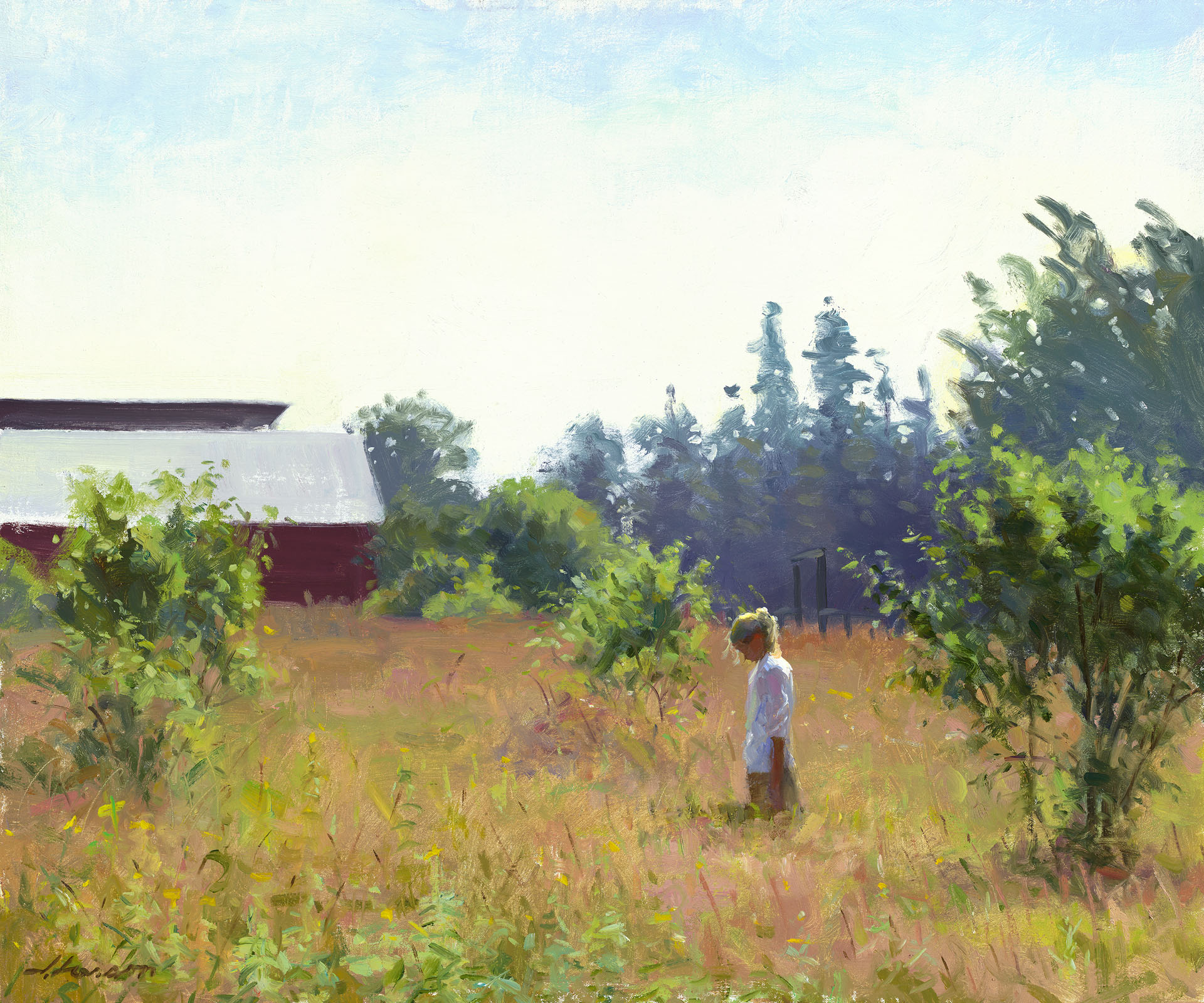 A Duluth MN artist captures a serene scene where a person stands in a grassy field surrounded by small trees and bushes under a clear sky. A red barn with a white roof is partially visible in the background, all depicted in a soft, impressionistic style.