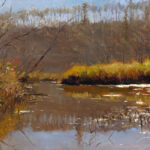 A serene autumn landscape painting by a Duluth MN artist features a calm river reflecting bare trees and a cloudy sky. Grassy banks, highlighted in warm tones of brown, orange, and green, border the river, crafting a tranquil and picturesque scene.