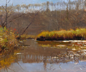 A serene autumn landscape painting by a Duluth MN artist features a calm river reflecting bare trees and a cloudy sky. Grassy banks, highlighted in warm tones of brown, orange, and green, border the river, crafting a tranquil and picturesque scene.