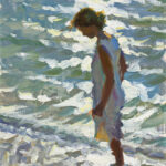 Impressionistic painting by a Duluth MN artist of a person in a white dress standing at the edge of a body of water, where sunlight casts colorful reflections on the surface.