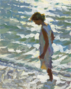 Impressionistic painting by a Duluth MN artist of a person in a white dress standing at the edge of a body of water, where sunlight casts colorful reflections on the surface.