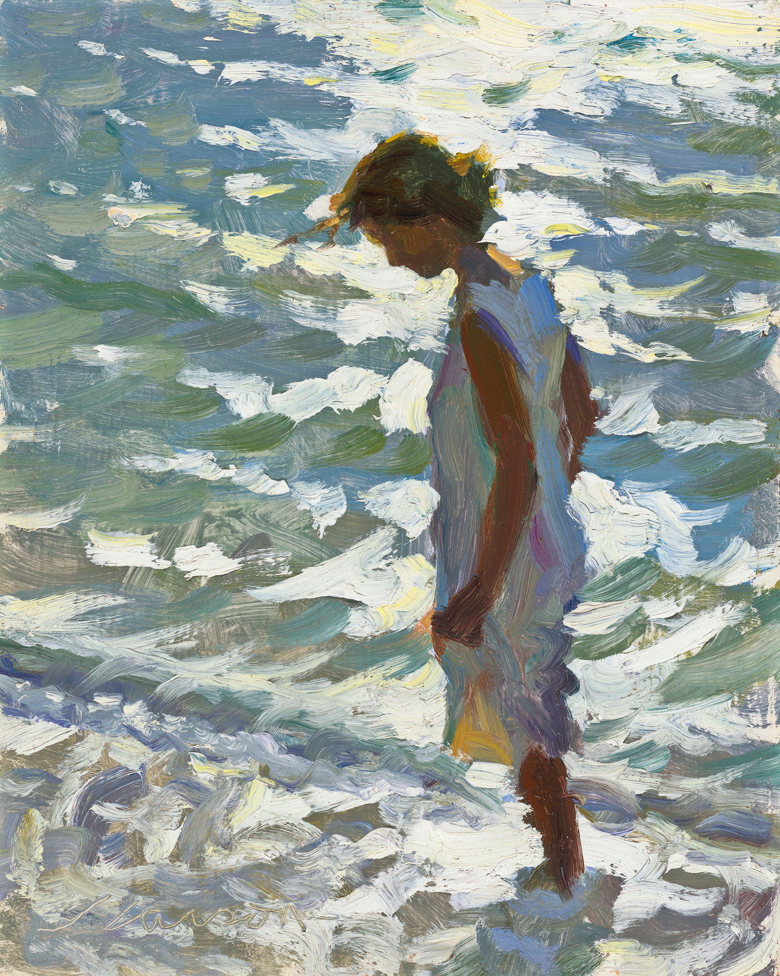 Impressionistic painting by a Duluth MN artist of a person in a white dress standing at the edge of a body of water, where sunlight casts colorful reflections on the surface.