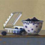A still life painting by a Duluth MN artist features a white bowl adorned with floral patterns, brimming with blackberries. Nearby, an open plastic container spills more of the ripe fruit onto the wooden surface, all set against a plain background.
