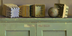 A Duluth MN artist presents a painting of five overturned yellow containers and a ball resting on a green shelf with a slightly distressed surface. The background features muted, earthy tones that beautifully complement the pastel colors.