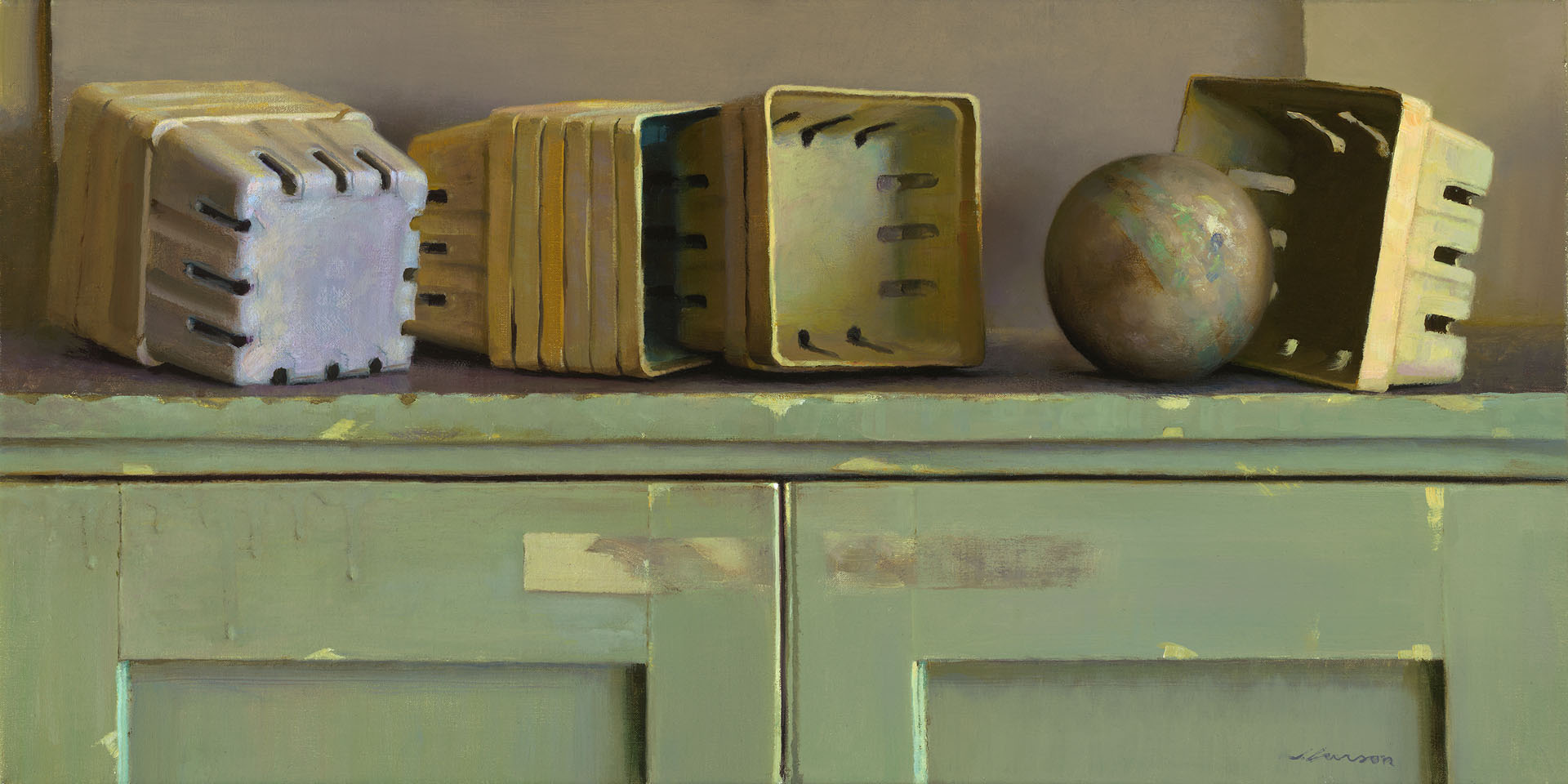 A Duluth MN artist presents a painting of five overturned yellow containers and a ball resting on a green shelf with a slightly distressed surface. The background features muted, earthy tones that beautifully complement the pastel colors.