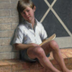 A young boy with light brown hair sits on a doorstep, wearing a white shirt and shorts. He holds a book in his lap, gazing thoughtfully at the viewer. The background features a brick wall and a door with a crisscross pattern, capturing the essence of a Duluth MN artist's nostalgic brush.