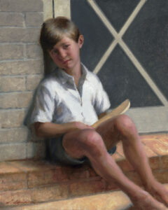 A young boy with light brown hair sits on a doorstep, wearing a white shirt and shorts. He holds a book in his lap, gazing thoughtfully at the viewer. The background features a brick wall and a door with a crisscross pattern, capturing the essence of a Duluth MN artist's nostalgic brush.