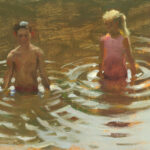 Two children stand in shallow water, creating ripples around them. The boy on the left is shirtless, while the girl on the right wears a red swimsuit. Painted by a Duluth MN artist, it features an impressionistic style with earthy tones and soft brush strokes.