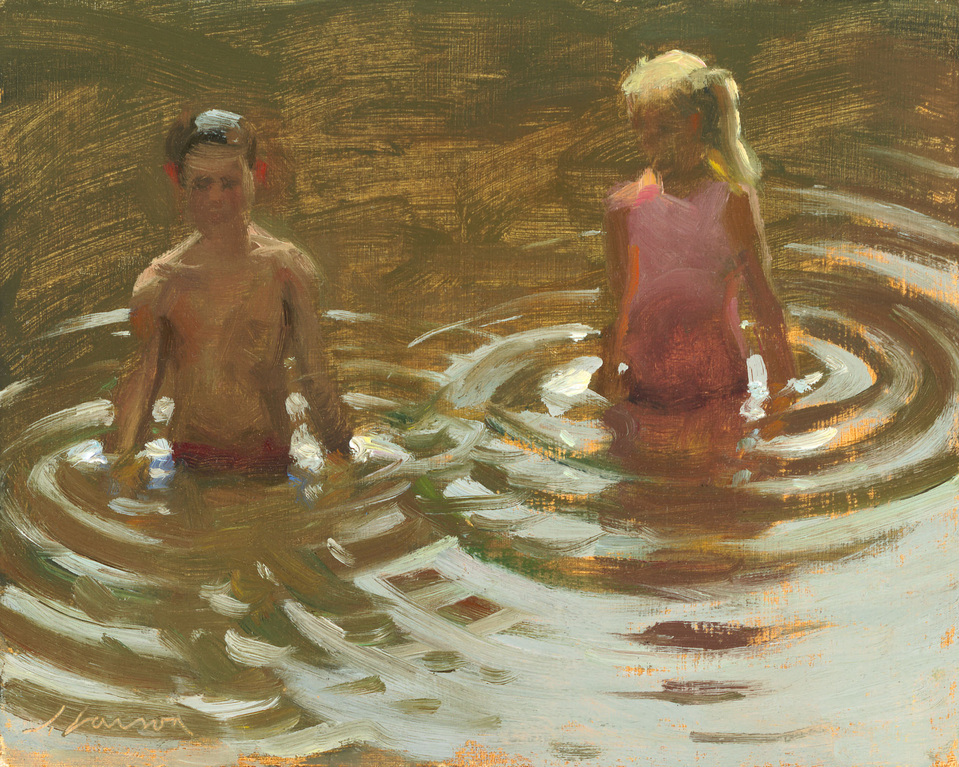 Two children stand in shallow water, creating ripples around them. The boy on the left is shirtless, while the girl on the right wears a red swimsuit. Painted by a Duluth MN artist, it features an impressionistic style with earthy tones and soft brush strokes.