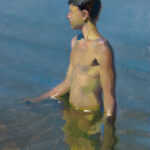 A painting by a Duluth MN artist depicts a young boy standing waist-deep in water, his head turned to the side. The background is a serene blend of blues and greens, mirroring the water's surface, while sunlight softly illuminates his form.