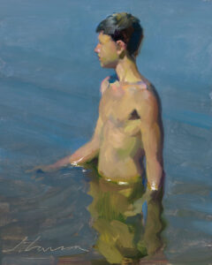A painting by a Duluth MN artist depicts a young boy standing waist-deep in water, his head turned to the side. The background is a serene blend of blues and greens, mirroring the water's surface, while sunlight softly illuminates his form.