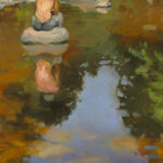 Impressionistic painting by a Duluth MN artist of a person sitting on a rock in a serene pond. The water reflects their back, displaying a calming mixture of warm and cool tones. Surrounding stones and subtle greenery complete the peaceful scene.