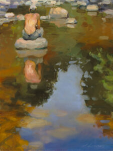 Impressionistic painting by a Duluth MN artist of a person sitting on a rock in a serene pond. The water reflects their back, displaying a calming mixture of warm and cool tones. Surrounding stones and subtle greenery complete the peaceful scene.