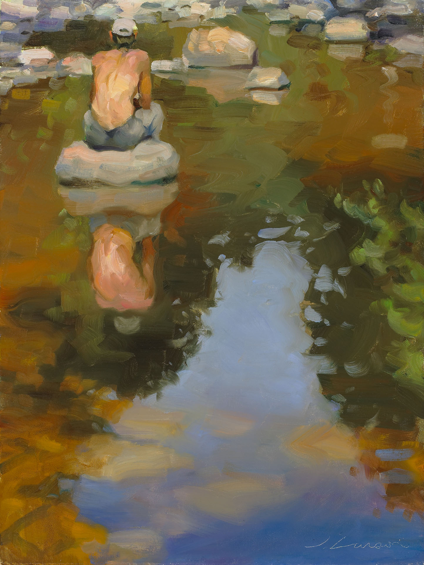 Impressionistic painting by a Duluth MN artist of a person sitting on a rock in a serene pond. The water reflects their back, displaying a calming mixture of warm and cool tones. Surrounding stones and subtle greenery complete the peaceful scene.