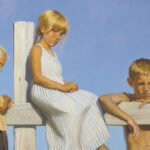 Three children, two girls and a boy, sit on a wooden fence under the clear Duluth MN sky. The middle girl in a striped dress, the younger girl in a yellow top, and the shirtless boy all appear relaxed and thoughtful in an artwork capturing sunlit innocence by a local Duluth MN artist.