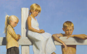 Three children, two girls and a boy, sit on a wooden fence under the clear Duluth MN sky. The middle girl in a striped dress, the younger girl in a yellow top, and the shirtless boy all appear relaxed and thoughtful in an artwork capturing sunlit innocence by a local Duluth MN artist.