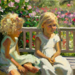 An impressionist painting by a Duluth MN artist captures two young girls on a bench. The girl on the left has curly hair, and both wear light-colored dresses, surrounded by vibrant pink, purple, and green flowers in a garden setting.