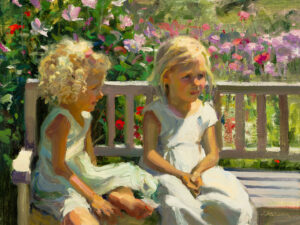 An impressionist painting by a Duluth MN artist captures two young girls on a bench. The girl on the left has curly hair, and both wear light-colored dresses, surrounded by vibrant pink, purple, and green flowers in a garden setting.