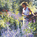 A painting by a Duluth MN artist features a woman in a white dress holding a basket, surrounded by a vibrant garden of purple and red flowers. The scene is bathed in warm sunlight, creating a peaceful and serene atmosphere.