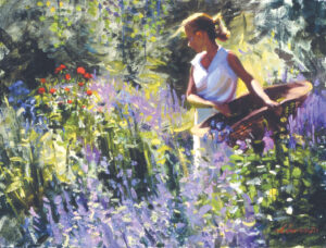 A painting by a Duluth MN artist features a woman in a white dress holding a basket, surrounded by a vibrant garden of purple and red flowers. The scene is bathed in warm sunlight, creating a peaceful and serene atmosphere.