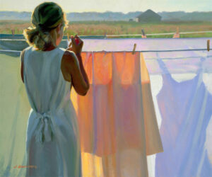 A woman in a white dress stands by a clothesline, facing away. She secures glowing laundry with a peg as warm sunlight bathes the scene. A rural landscape stretches under a soft sky, capturing the serene essence reminiscent of a Duluth MN artist's touch.
