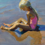 A painting by a Duluth MN artist depicts a young girl with blonde hair sitting on a beach. She wears a pink swimsuit and plays with the sand. The sunlight casts shadows beside her, and the color palette is primarily soft tones with visible brushstrokes, capturing an essence of innocence.