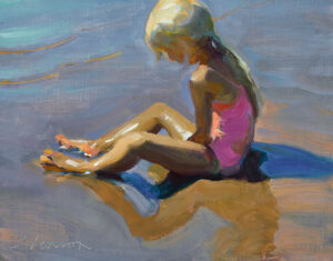 A painting by a Duluth MN artist depicts a young girl with blonde hair sitting on a beach. She wears a pink swimsuit and plays with the sand. The sunlight casts shadows beside her, and the color palette is primarily soft tones with visible brushstrokes, capturing an essence of innocence.