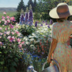 A Duluth MN artist captures a woman in a floral dress and sun hat, tending to her vibrant garden. She holds a watering can, surrounded by pink and purple blossoms, with tall trees framing the distant landscape.