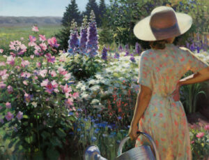 A Duluth MN artist captures a woman in a floral dress and sun hat, tending to her vibrant garden. She holds a watering can, surrounded by pink and purple blossoms, with tall trees framing the distant landscape.