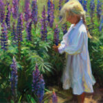 A painting by a Duluth MN artist depicts a young girl with blonde hair in a white dress standing in a field of tall, purple lupine flowers. She appears to be observing or picking the flowers in a serene, sunlit setting.