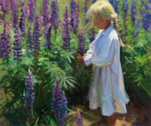 A painting by a Duluth MN artist depicts a young girl with blonde hair in a white dress standing in a field of tall, purple lupine flowers. She appears to be observing or picking the flowers in a serene, sunlit setting.
