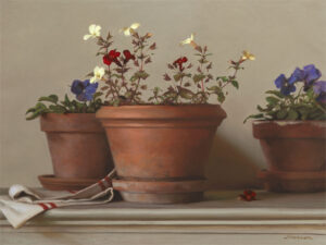 Three terracotta pots with vibrant flowers—red, yellow, and purple—adorn a ledge. A white cloth with red stripes is draped beside them. A Duluth MN artist captures this scene, using a neutral background to enhance the vibrancy of the blooms.
