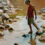 A painting by a Duluth MN artist captures a person in a red shirt and cap walking barefoot on rocks across a shallow stream. The background features earth tones and blurred details, creating a peaceful, natural setting.