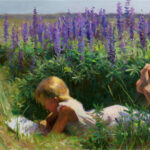 A child lies on their stomach in a field of tall purple flowers, drawing like a budding Duluth MN artist. Sunlight bathes the scene, highlighting the child's light-colored clothing and hair. The atmosphere is peaceful and summery.