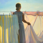 A Duluth MN artist captures a serene scene where a woman, her back turned to the viewer, drapes pastel-colored sheets on a clothesline beneath a bright, clear sky. Warm sunlight envelops the setting, creating an atmosphere of peace and tranquility.
