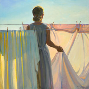 A Duluth MN artist captures a serene scene where a woman, her back turned to the viewer, drapes pastel-colored sheets on a clothesline beneath a bright, clear sky. Warm sunlight envelops the setting, creating an atmosphere of peace and tranquility.