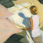 A Duluth MN artist captures a woman hanging large sheets on a clothesline, her back turned as the sun casts shadows on the fabric. The colors are soft and muted, with gentle shades of white, pink, and green.