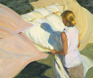 A Duluth MN artist captures a woman hanging large sheets on a clothesline, her back turned as the sun casts shadows on the fabric. The colors are soft and muted, with gentle shades of white, pink, and green.