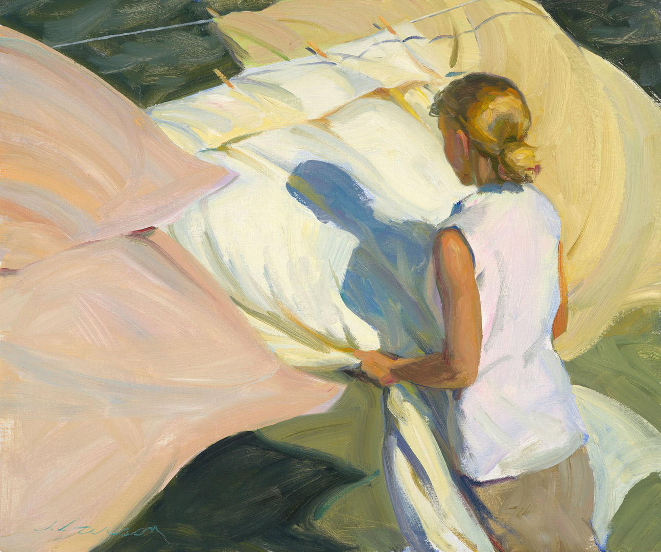 A Duluth MN artist captures a woman hanging large sheets on a clothesline, her back turned as the sun casts shadows on the fabric. The colors are soft and muted, with gentle shades of white, pink, and green.
