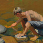 A painting by a Duluth, MN artist depicts a shirtless boy with short hair crouching by a stream. He reaches into the water with one hand while balancing on a rock with his other. The scene is bathed in warm sunlight, casting soft shadows.
