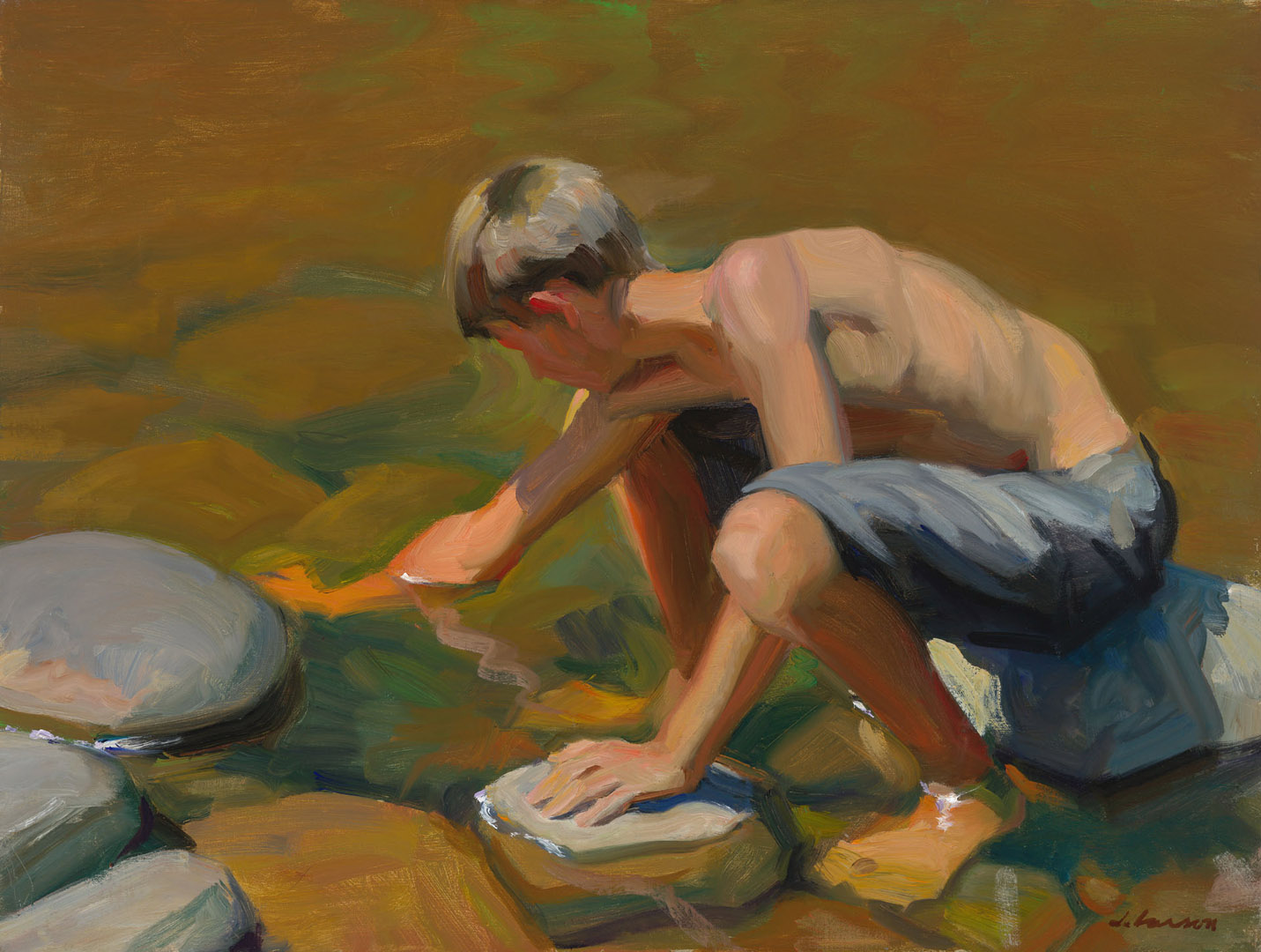 A painting by a Duluth, MN artist depicts a shirtless boy with short hair crouching by a stream. He reaches into the water with one hand while balancing on a rock with his other. The scene is bathed in warm sunlight, casting soft shadows.