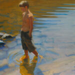 A painting by a Duluth MN artist captures a shirtless young boy in shorts standing in shallow water. Colorful ripples reflect around him, depicting a serene and thoughtful scene bathed in natural light.