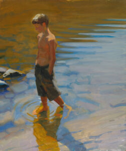 A painting by a Duluth MN artist captures a shirtless young boy in shorts standing in shallow water. Colorful ripples reflect around him, depicting a serene and thoughtful scene bathed in natural light.