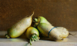 A still life by a Duluth MN artist features four daikon radishes on a surface. The radishes, in shades of green and white, include one bound by a blue rubber band. A muted brown background accentuates their organic forms.