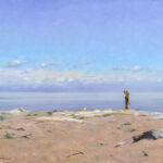 A serene beach scene painted by a Duluth MN artist captures a clear blue sky and calm sea. A lone person with a dog strolls near the shoreline, where driftwood is scattered across the sandy expanse, and a few clouds gently dot the horizon.