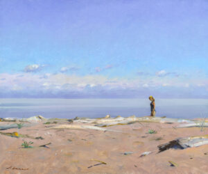 A serene beach scene painted by a Duluth MN artist captures a clear blue sky and calm sea. A lone person with a dog strolls near the shoreline, where driftwood is scattered across the sandy expanse, and a few clouds gently dot the horizon.