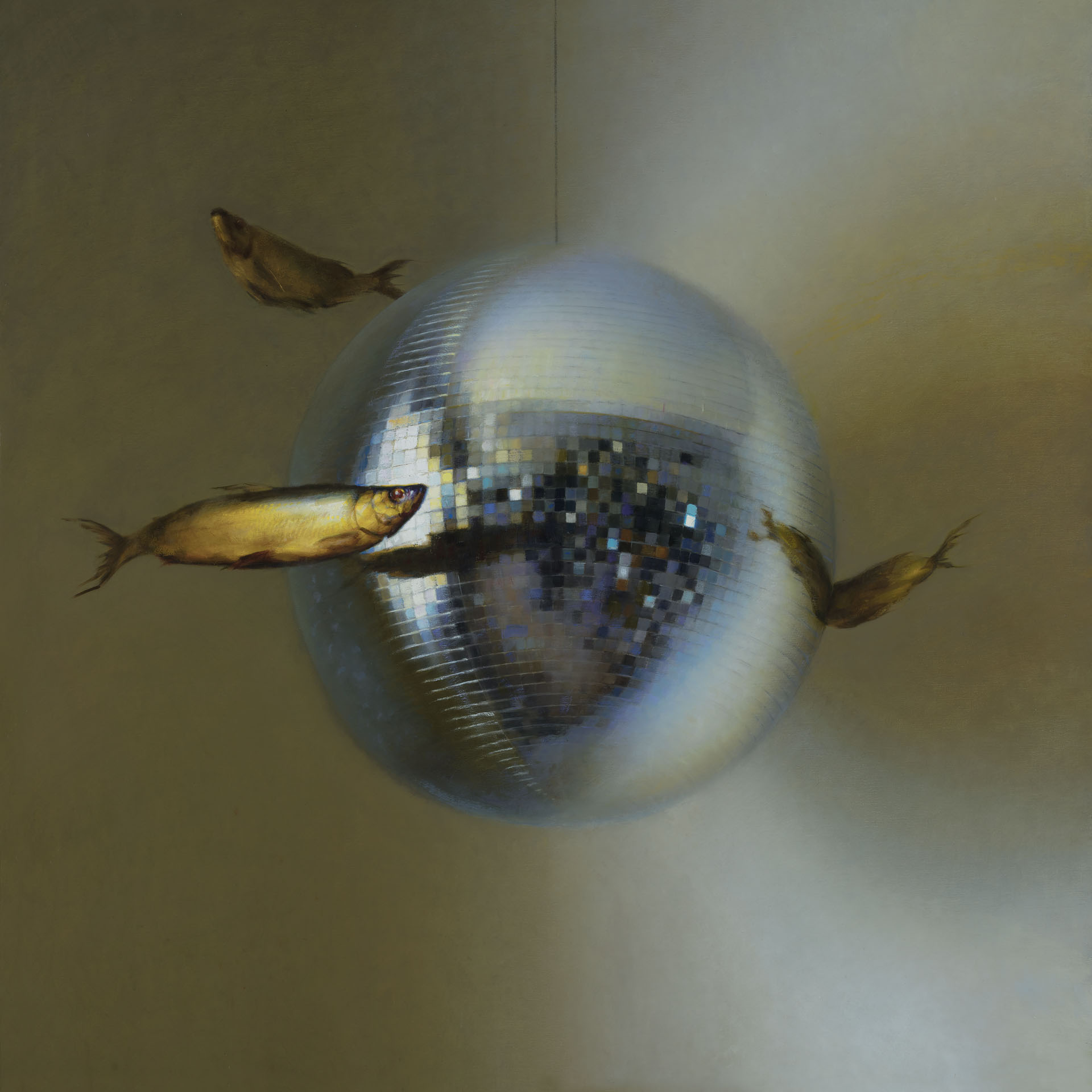 A surreal image of a shiny disco ball with four fish swimming around it against a muted background. The mirrored surface reflects light, creating an ethereal atmosphere.