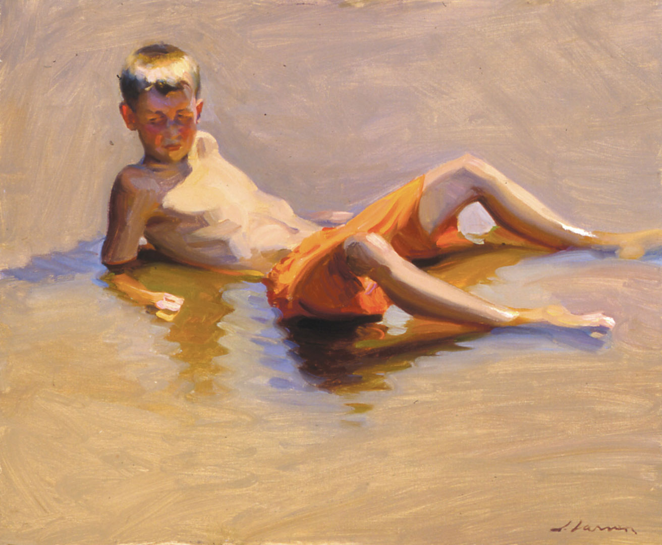 A painting by a talented Duluth MN artist captures a boy lounging in shallow water. Shirtless and wearing orange shorts, he leans back on his hands, casting a shadow on the sand. The water reflects vivid patches of light and color.